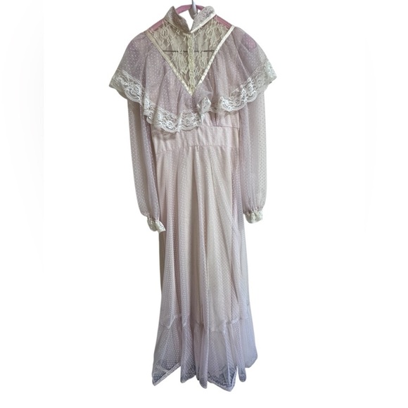 vintage Dresses & Skirts - Vintage 70s Lace Prairie Maxi Dress Sheer Polka Dot Gunne Sax Style